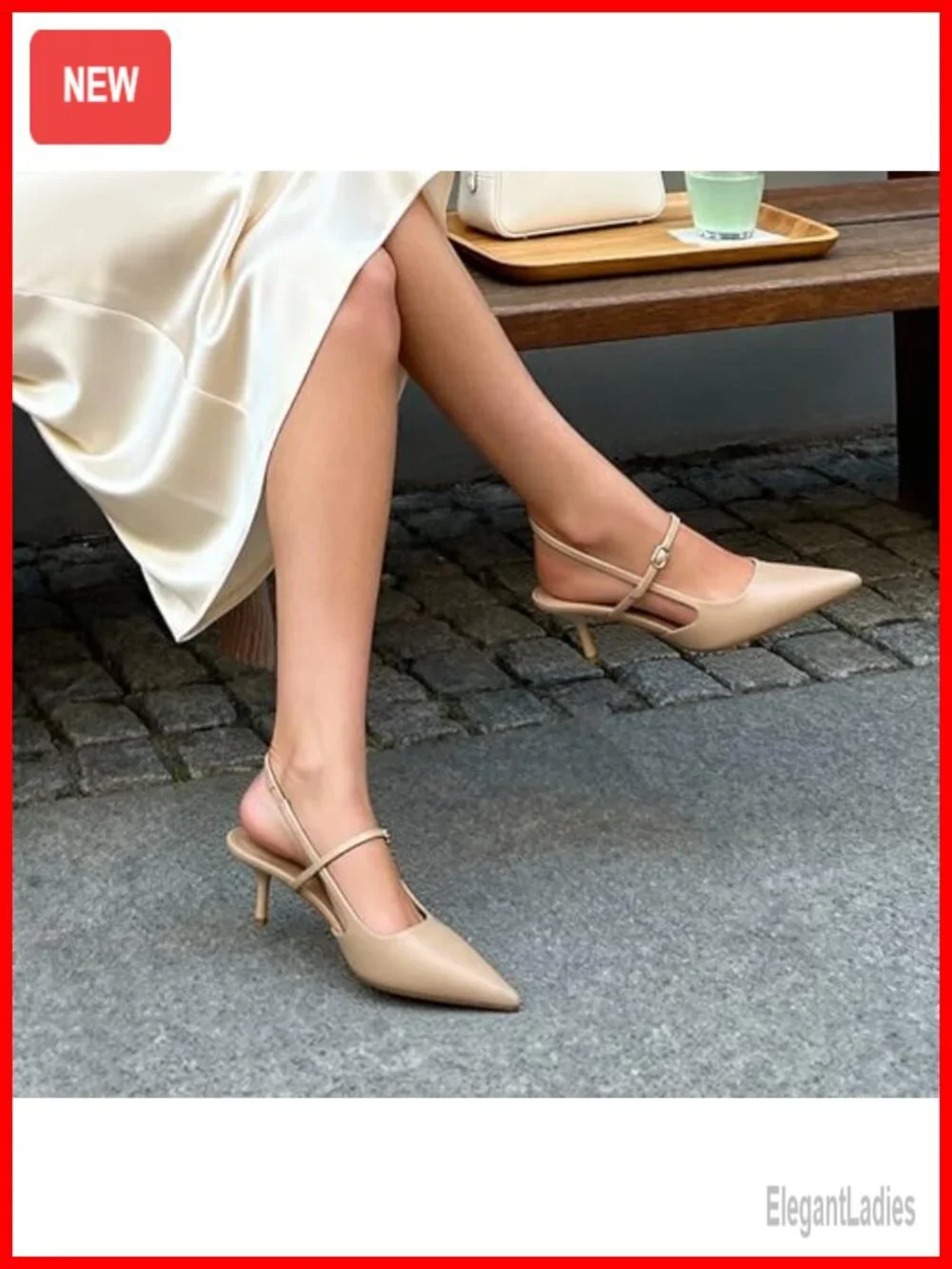 Kitten Heel Slingback Pointed Toe Pumps with Adjustable Strap Faux Leather